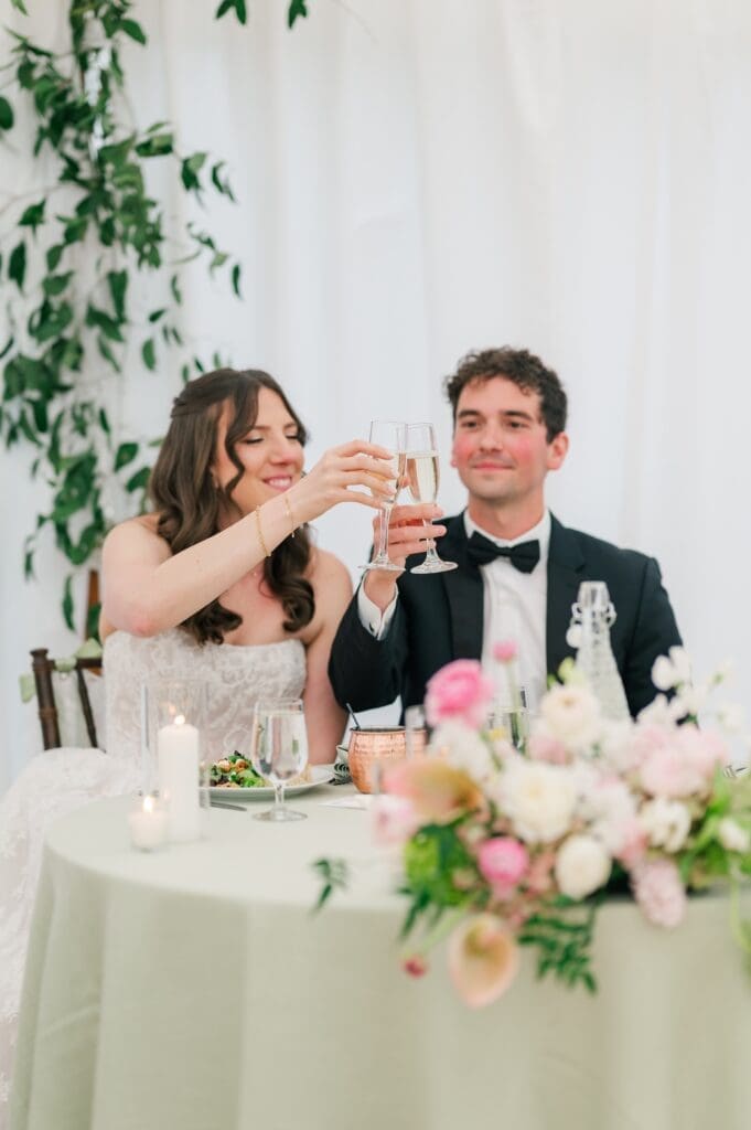 The bride and groom cheer their glasses. 