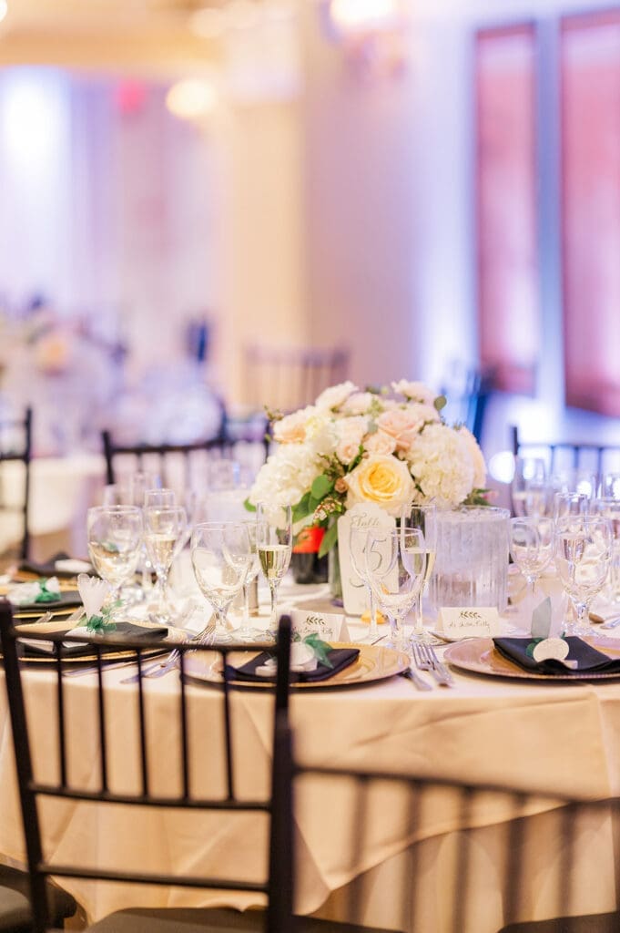 A floral table centerpiece inside of Woodwinds in Branford. 