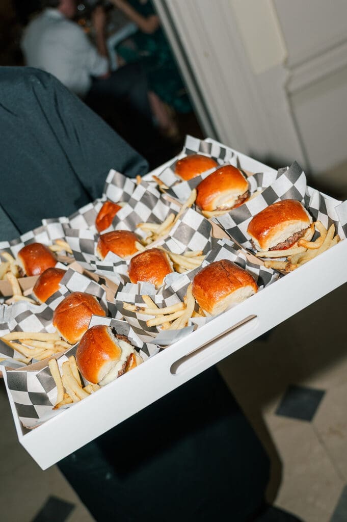 Burgers are passed around for a late night snack