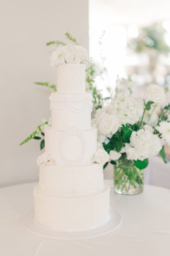 A 5 tier wedding cake at Anthony's Ocean View. 