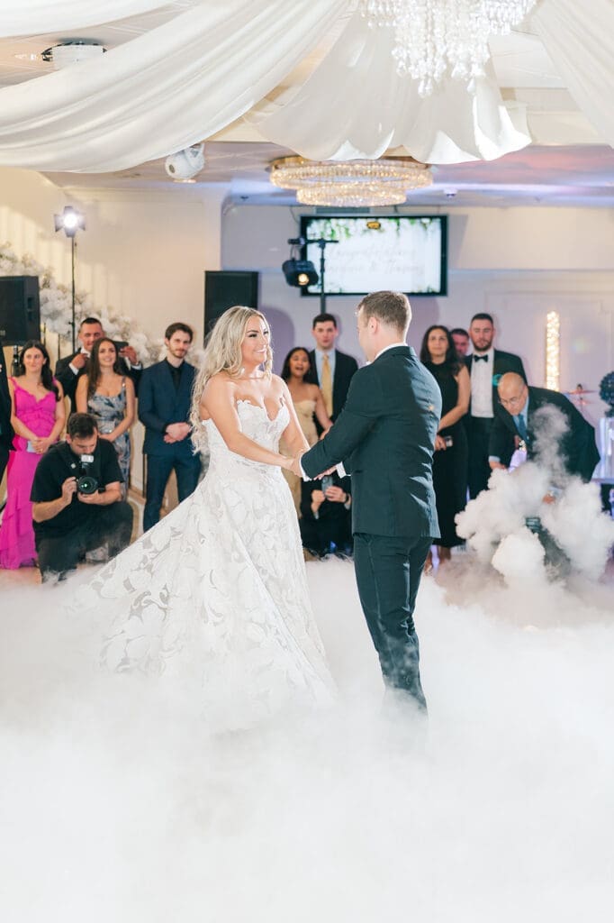 Jacquie and Thomas share a first dance at their Anthony's Ocean View wedding. 