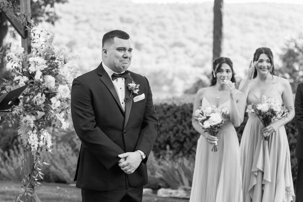 John cries as his bride walks down the aisle at their Saint Clements Castle Wedding