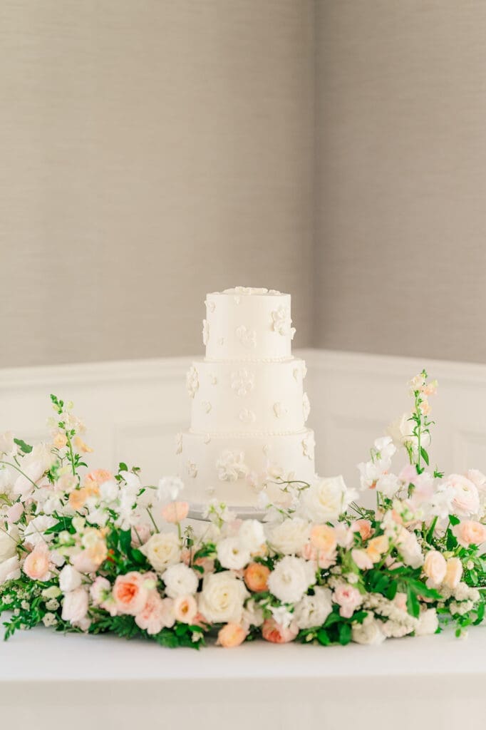 A three-tier wedding cake