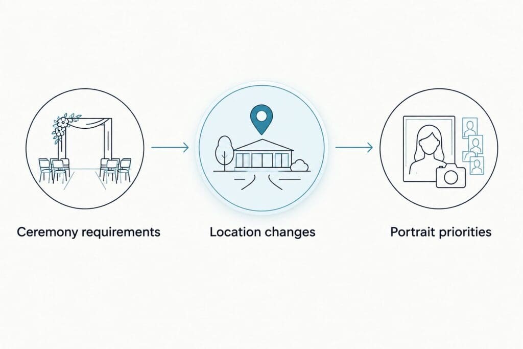 A visual that guides through the three stages of how to build your Connecticut wedding photographer timeline: ceremony requirements, location changes, and portrait priorities.